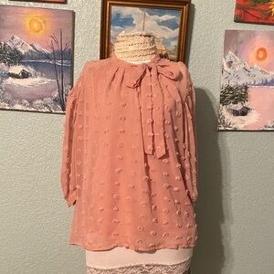 Chic Blush Blouse with Puff Dot Design And Bow Accent